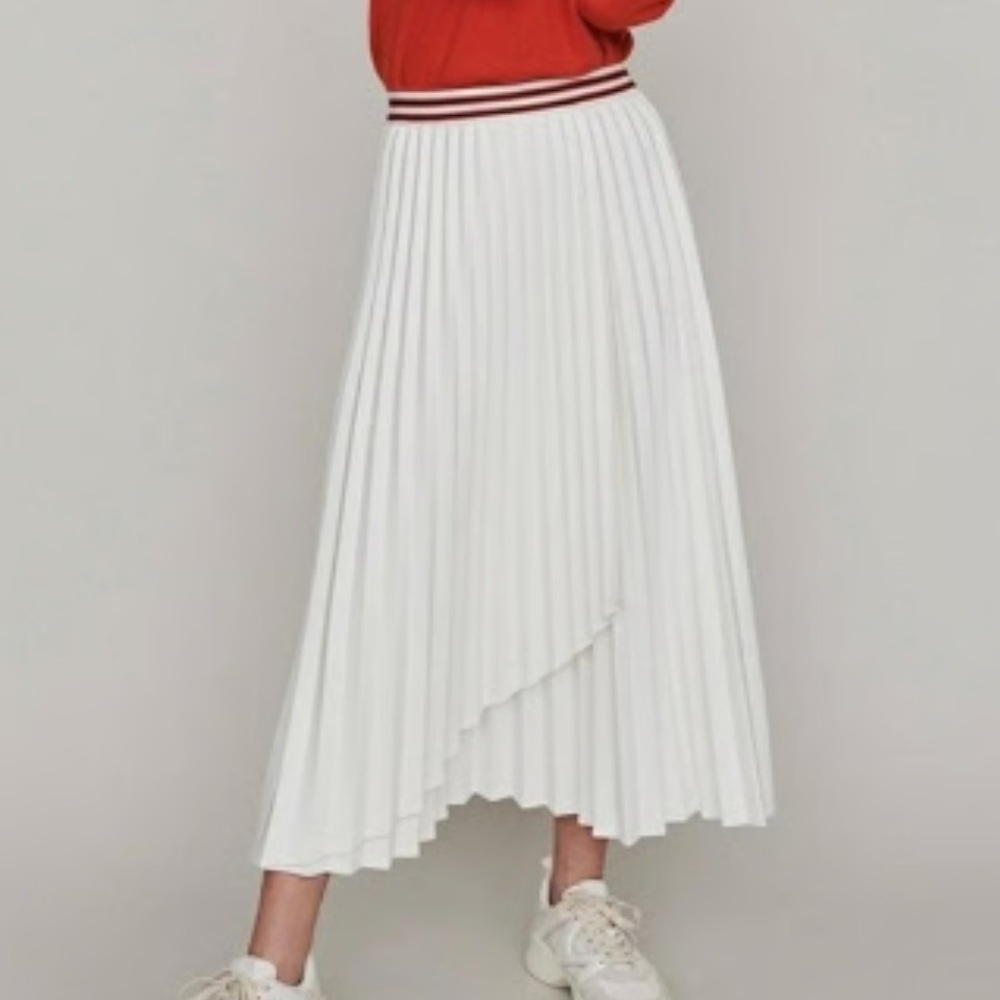 Maje White Pleated Midi Skirt